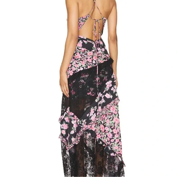 For Love & Lemons Rosalyn Maxi Dress Floral Lace Open Tie Back Black Pink Small - Picture 6 of 12